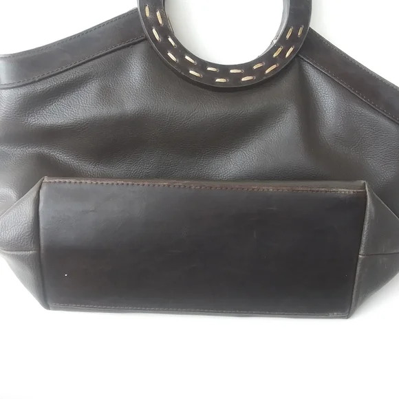 Vintage Liz Claiborne Crazy Horse Round Handle Faux Leather Bag, Dark Brown - Picture 3 of 15
